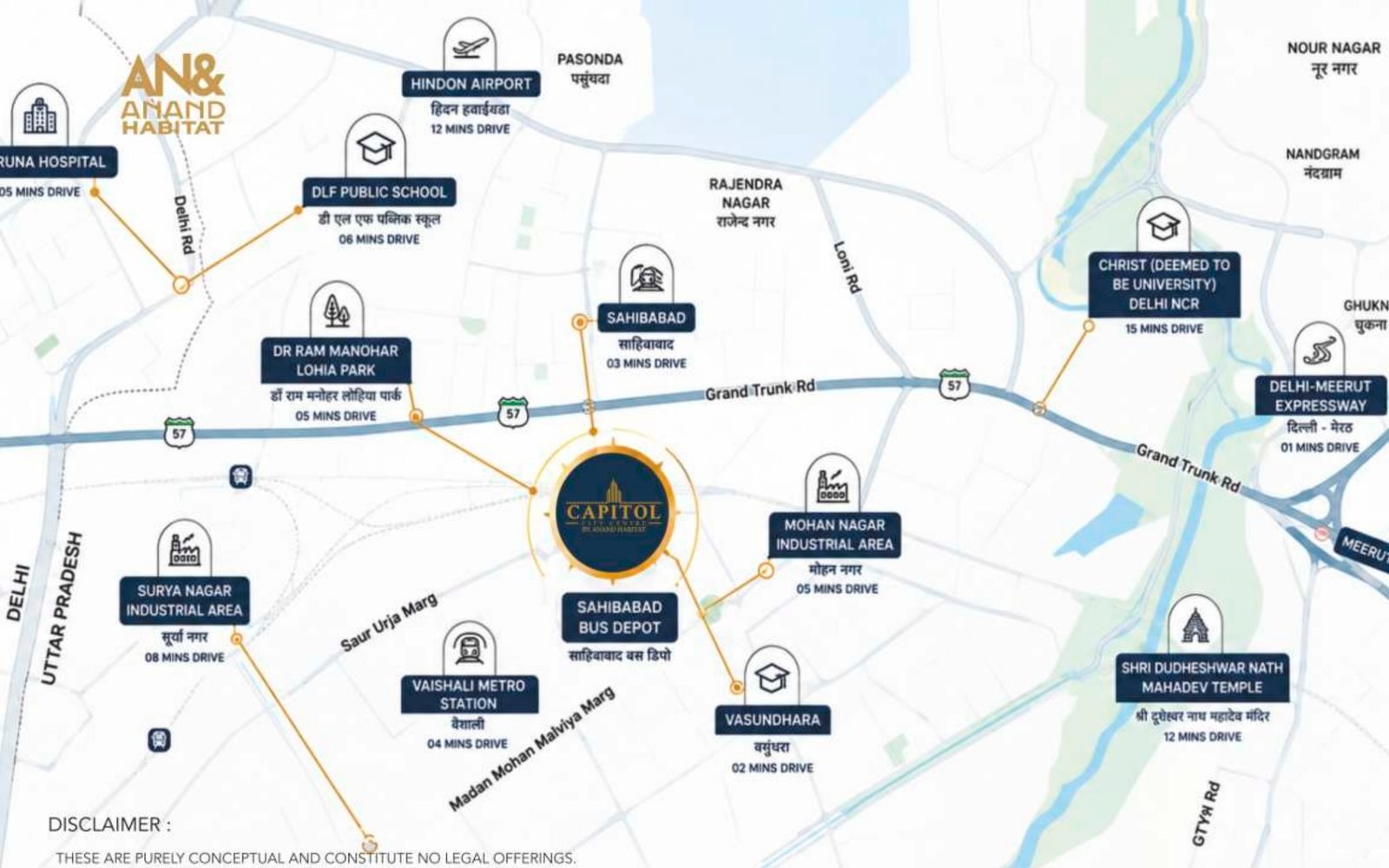 Location map showing Capitol City Centre's connectivity to Sahibabad, Vaishali, Vasundhara, Mohan Nagar and the Delhi–Meerut Expressway