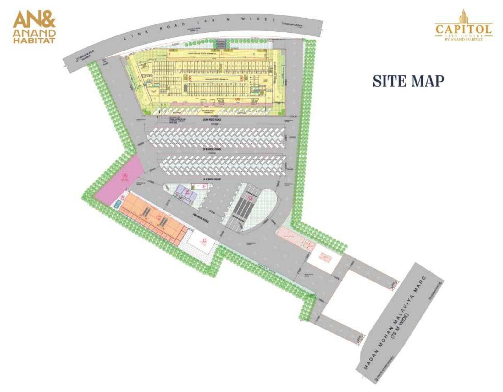 Capitol City Centre site plan — internal roads, parking bays and lettered block layout across the 15-acre plot